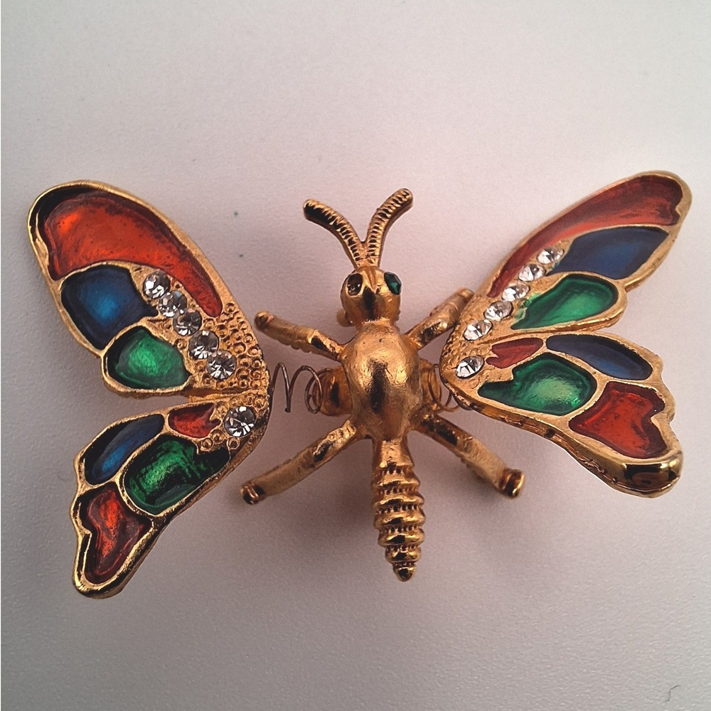 Vintage butterfly brooch trembler enamel red green blue rhinestones gold tone
